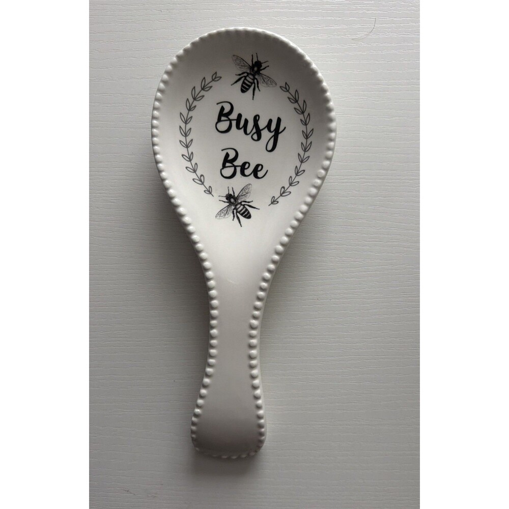 Busy Bee Spoon Rest Ceramic White Honey Bee Beaded Edge Kitchen Decor